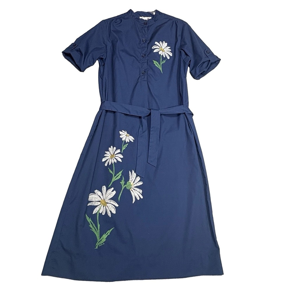 Serbin M Daisy Floral Embroidered Blue Belted Midi Dress Roll Sleeve VTG 70s
